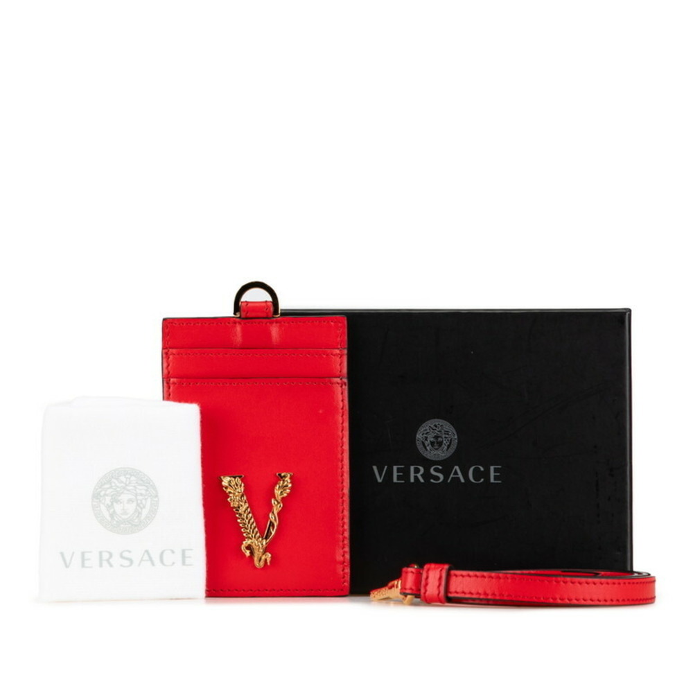 Versace Virtus V Card Case Red Leather Women's VERSACE